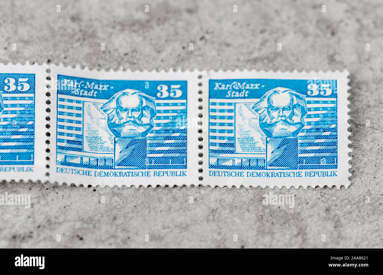 GDR 35 Pfennig stamps depicting the Karl Marx Statue in Karl-Marx Stadt, East Germany Stock Photo