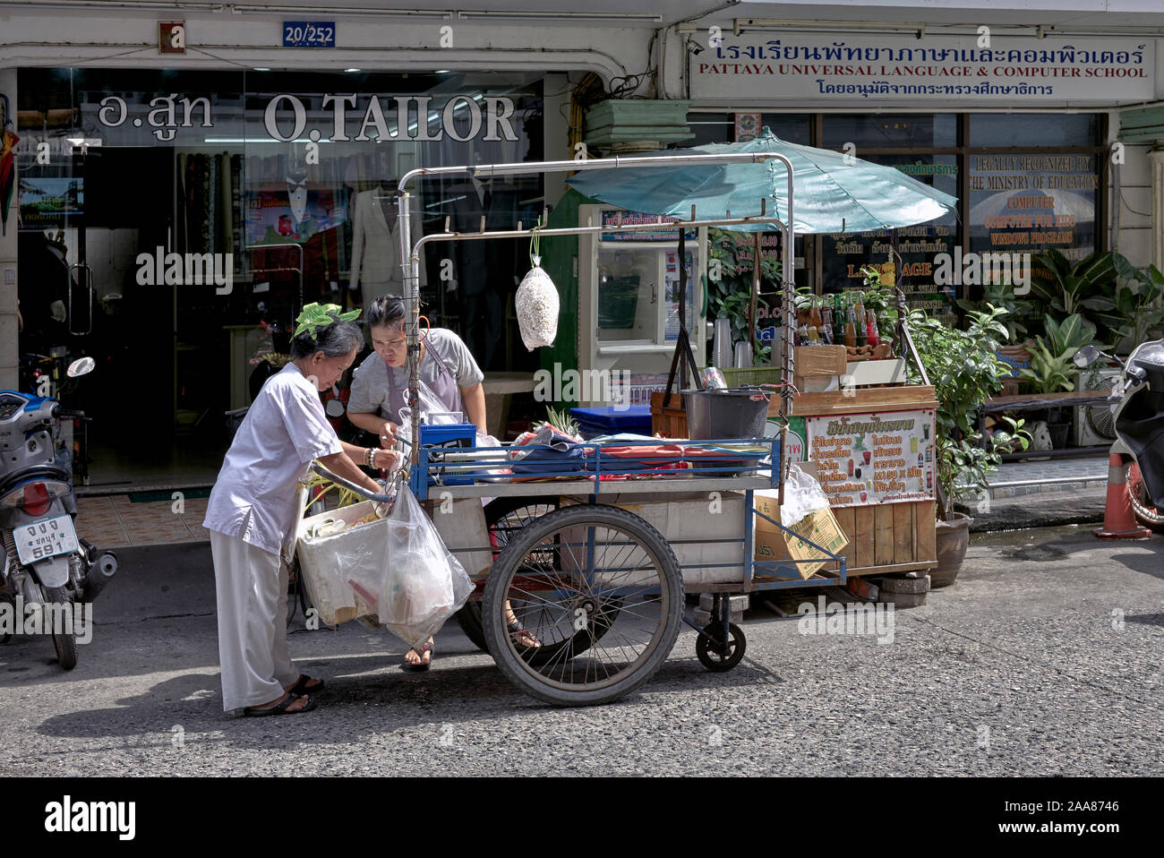 Mobile street food vendor. Woman selling food from a food cart