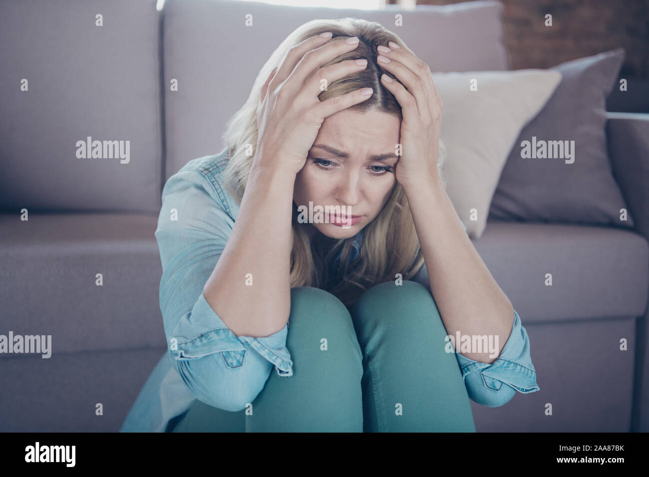 Close-up portrait of her she nice attractive sad miserable sullen ...