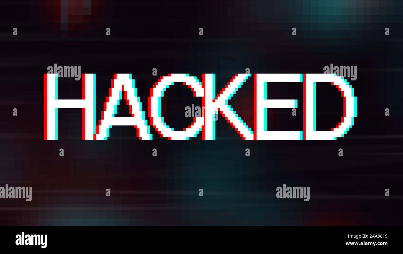 Inscription hacked in glitch pixel style over dark pixelated background ...