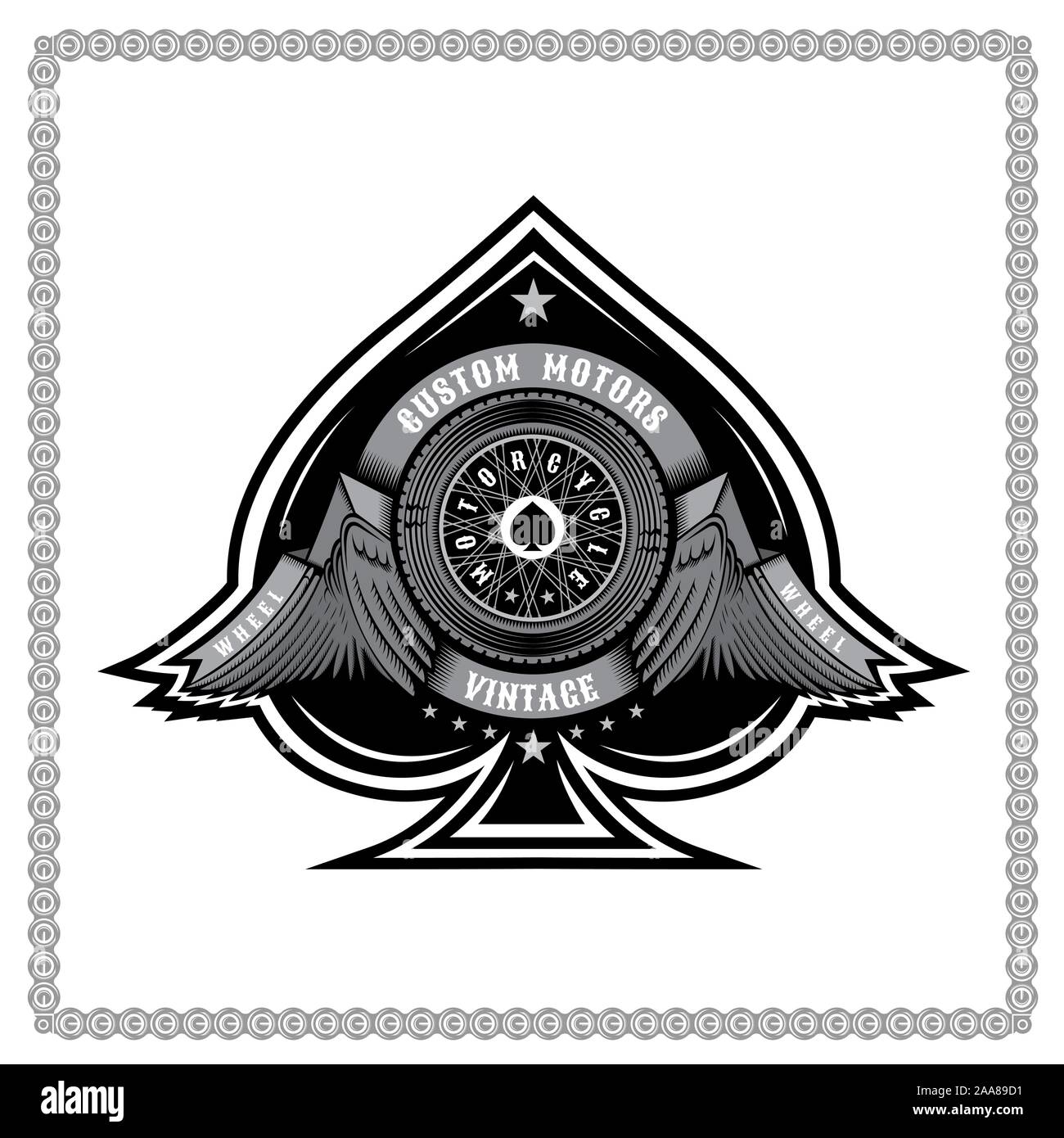 Ace of spades from motorbike wheel in side view between wings and ribbons. Motorcycle design for card or print on white Stock Vector