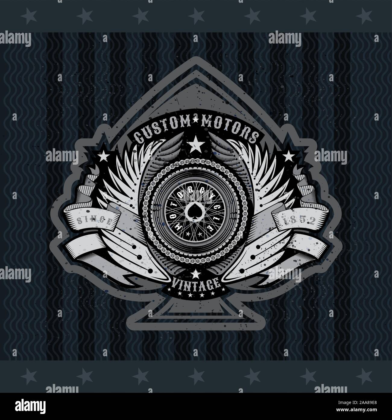 Ace of spades from motorbike wheel in center of wings and ribbon with ...