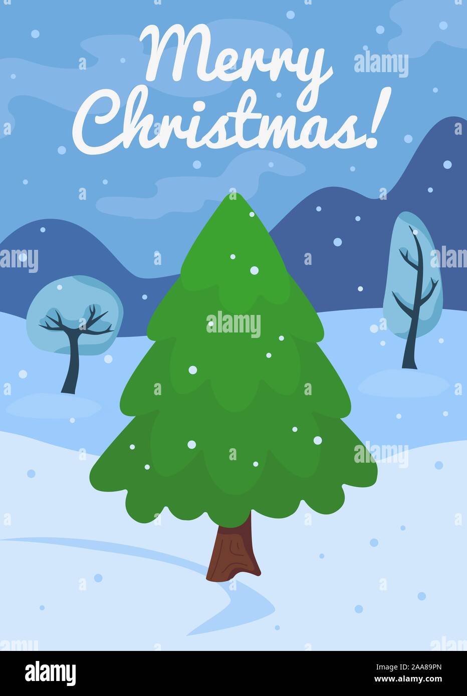 Cartoon Christmas tree card template. New year celebration concept with ...