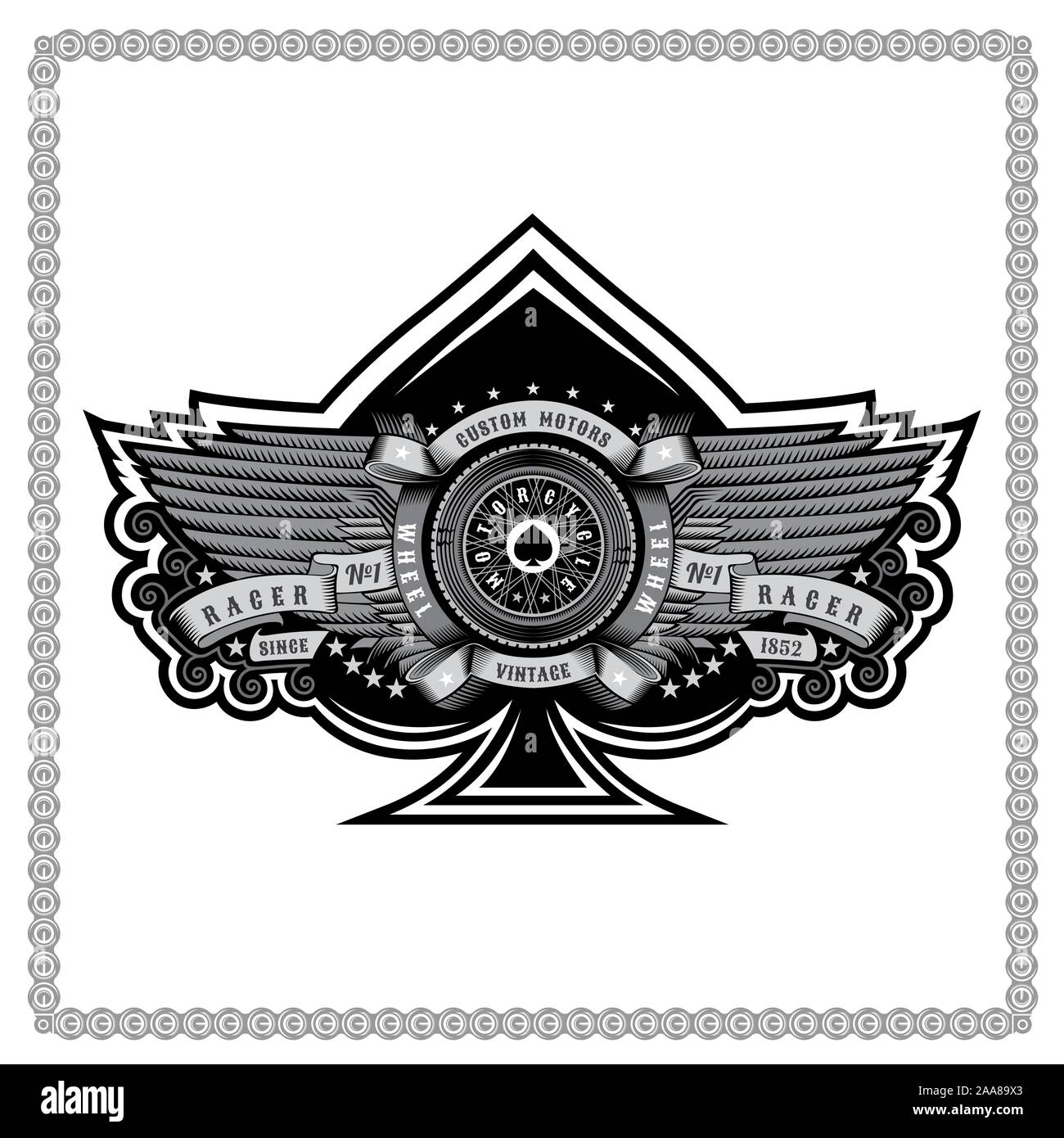 Ace of spades with motorbike wheel between wings and ribbons. Motorcycle design for print or card on white Stock Vector