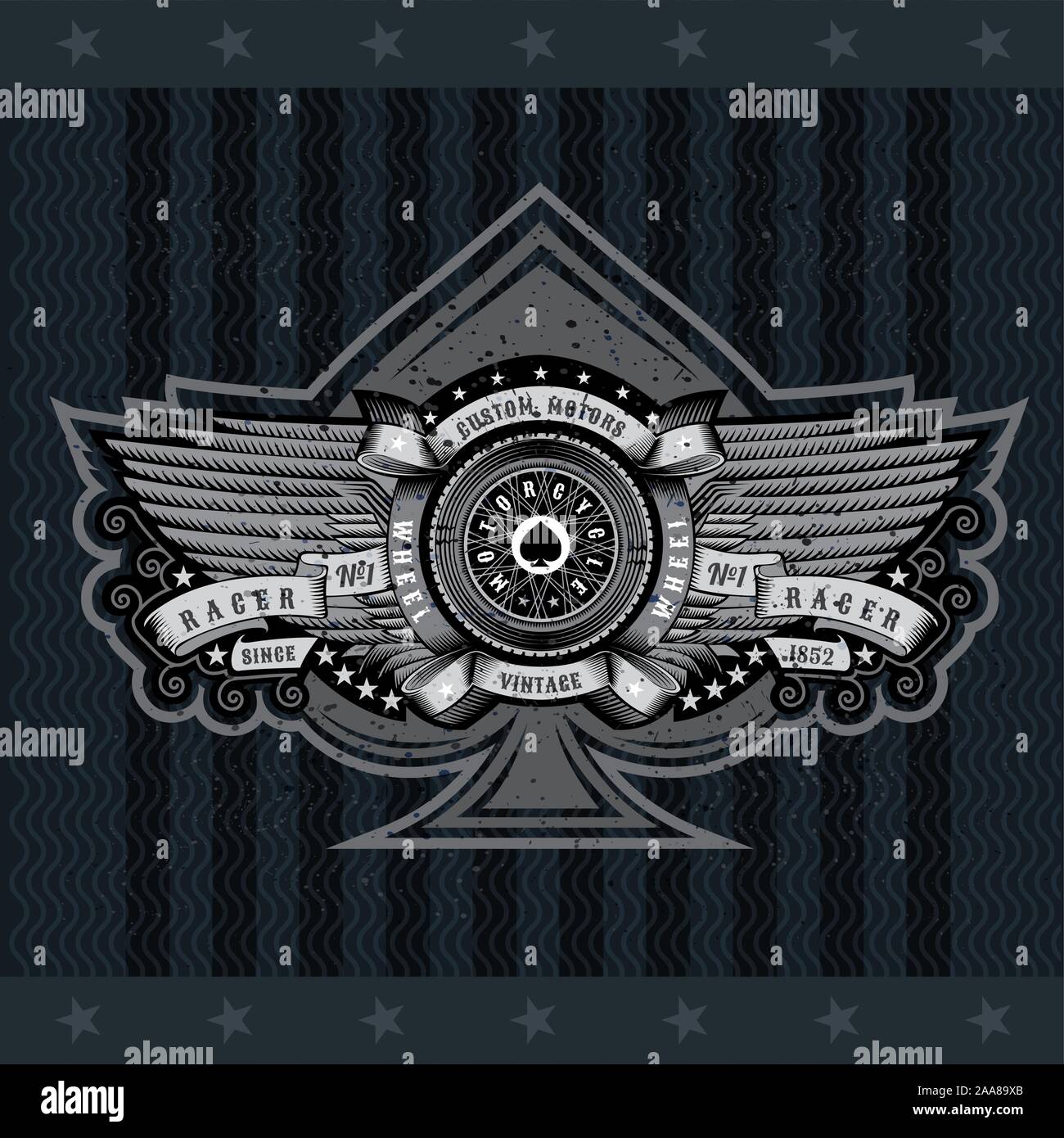 Ace of spades with motorbike wheel between wings and ribbons ...