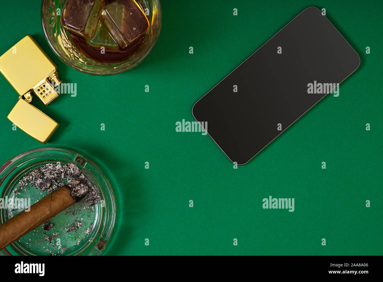 Download Top Of View Of Cigar In An Ashtray Near Whiskey Glass On Green Poker Table View From Above With Copy Space Banner Template Layout Mockup For Online Stock Photo Alamy
