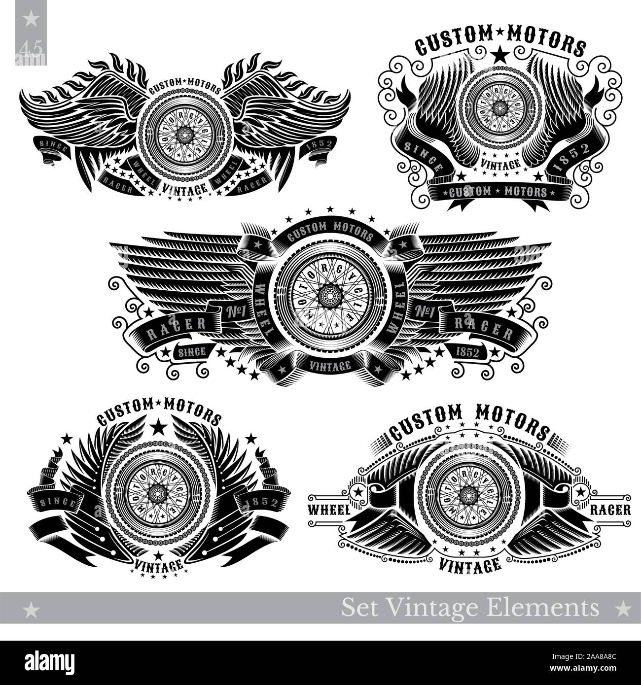 Five banners with motorbike wheel in side view with wings, stars and ribbon. Vintage motorcycle design on white Stock Vector