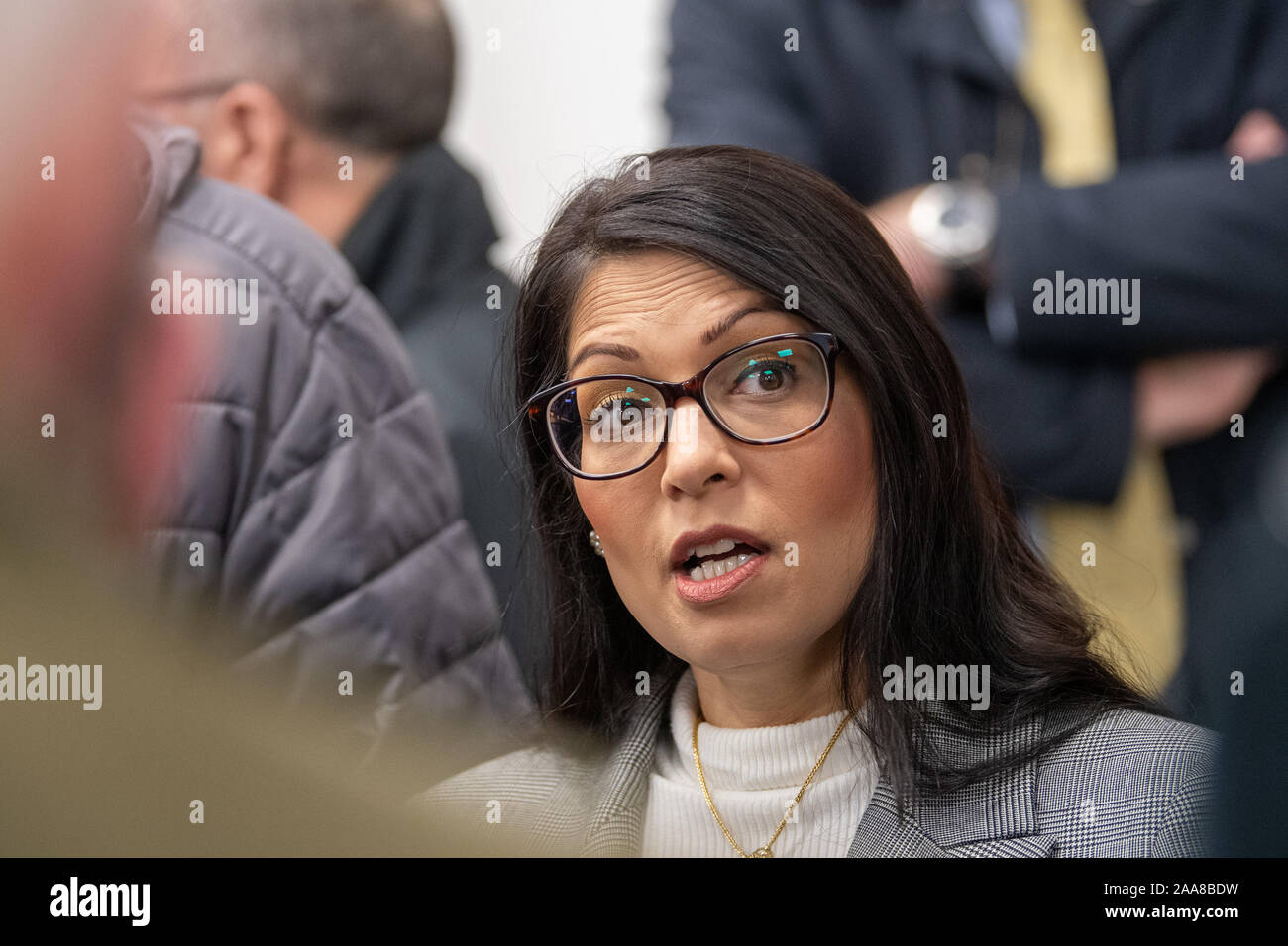 Kendal, Cumbria, UK. 20 Nov 2019 - Priti Patel, Home Secretary for the UK, meeting farmers in an appearance at J36 Crooklands Livestock Mart, in support of  Conservative candidate, James Airey, in the marginal seat of Westmorland and Lonsdale, held by Tim Farron, former leader of the Liberal Democrats. Credit: Wayne HUTCHINSON/Alamy Live News Stock Photo