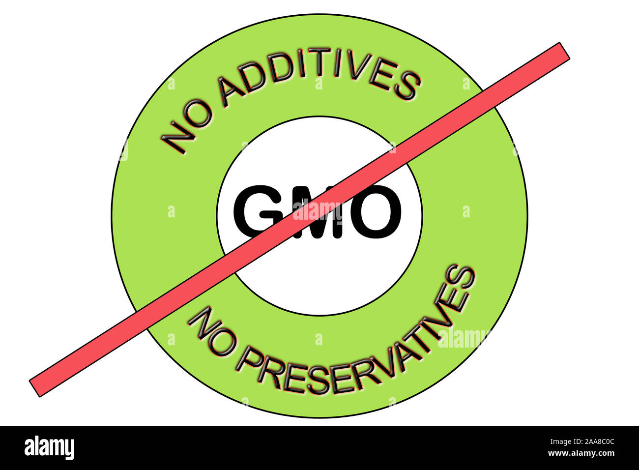 Illustration of a green No GMO non GMO No Preservatives No Additives stamp seal Stock Photo