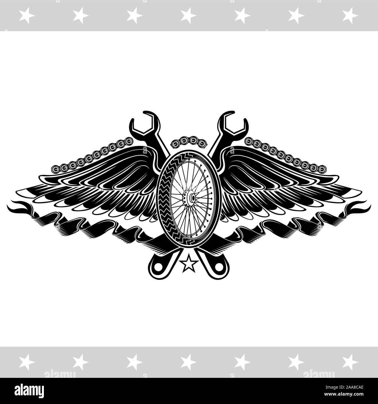 Motorcycle wheel with two wings and spanners from the both sides Stock