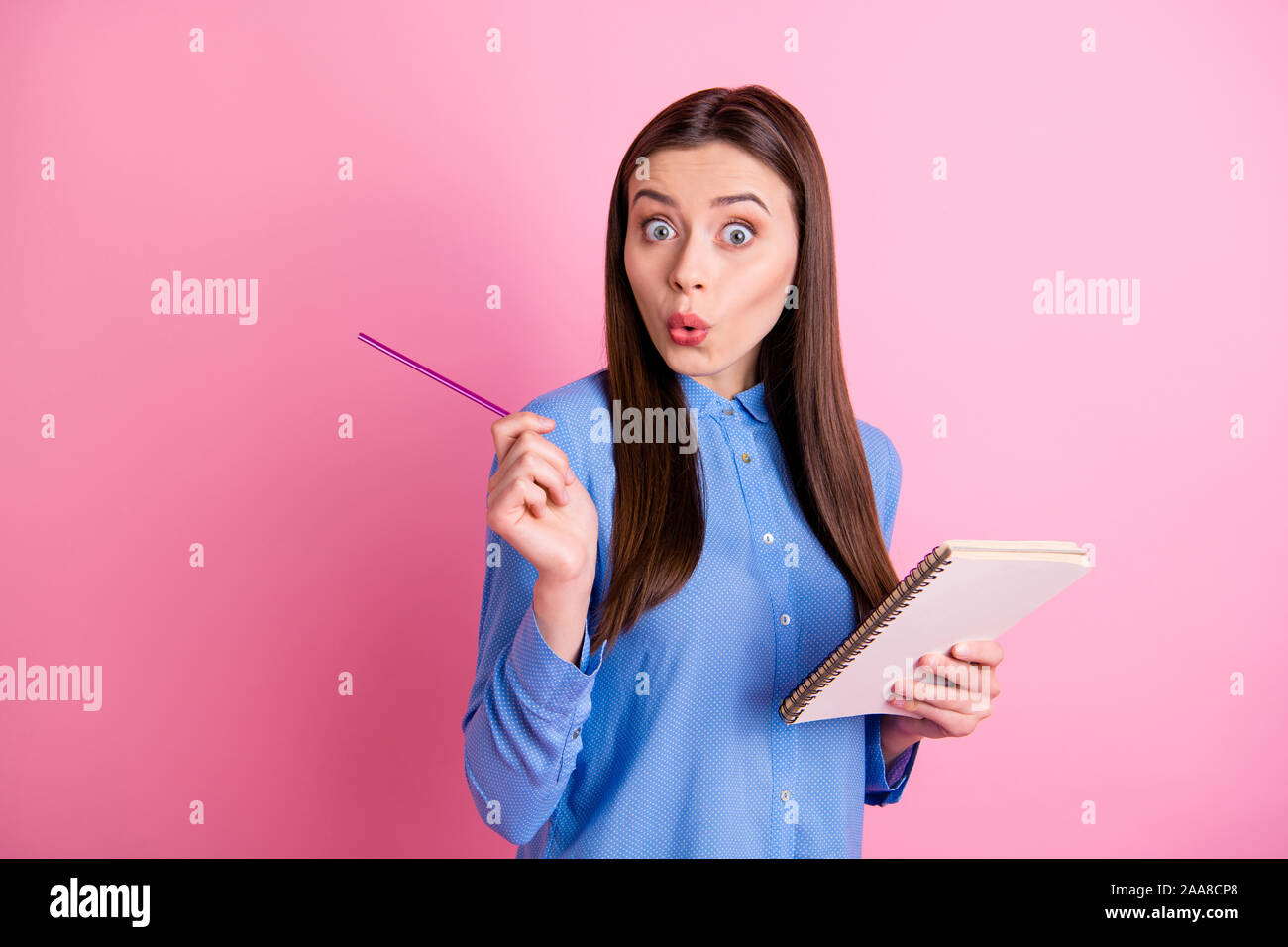 Photo of creative cute charming professional lawyer having made up her mind about solving some situation isolated over pink pastel color background Stock Photo