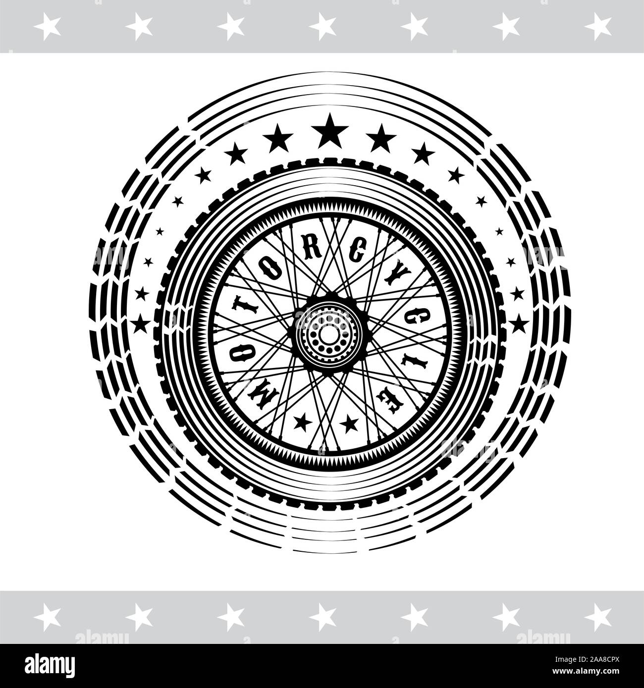 Motorbike wheel in side view with stars. Vintage motorcycle design on white Stock Vector