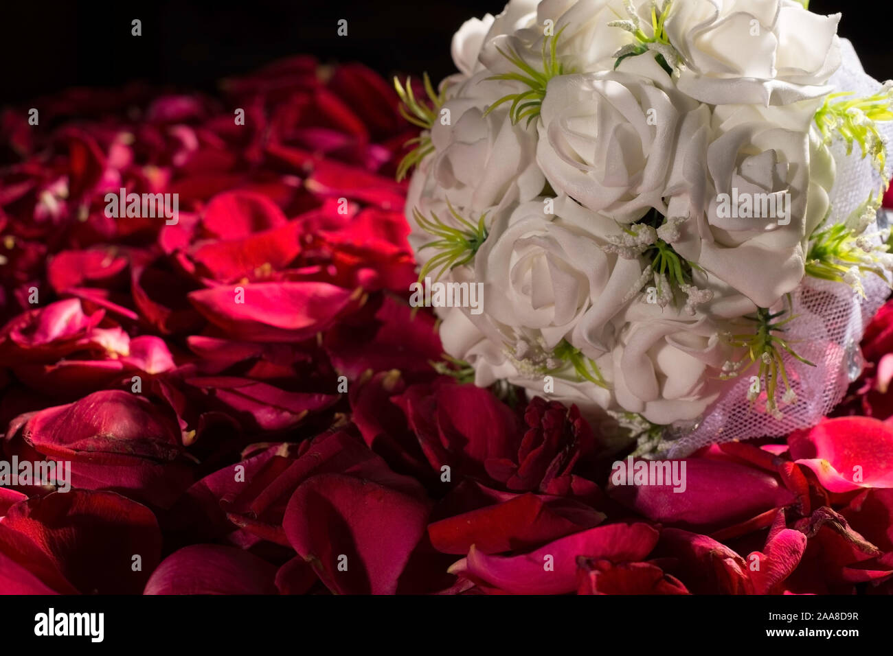 Bridal bouquet made of white rose flowers. Against the background of ...