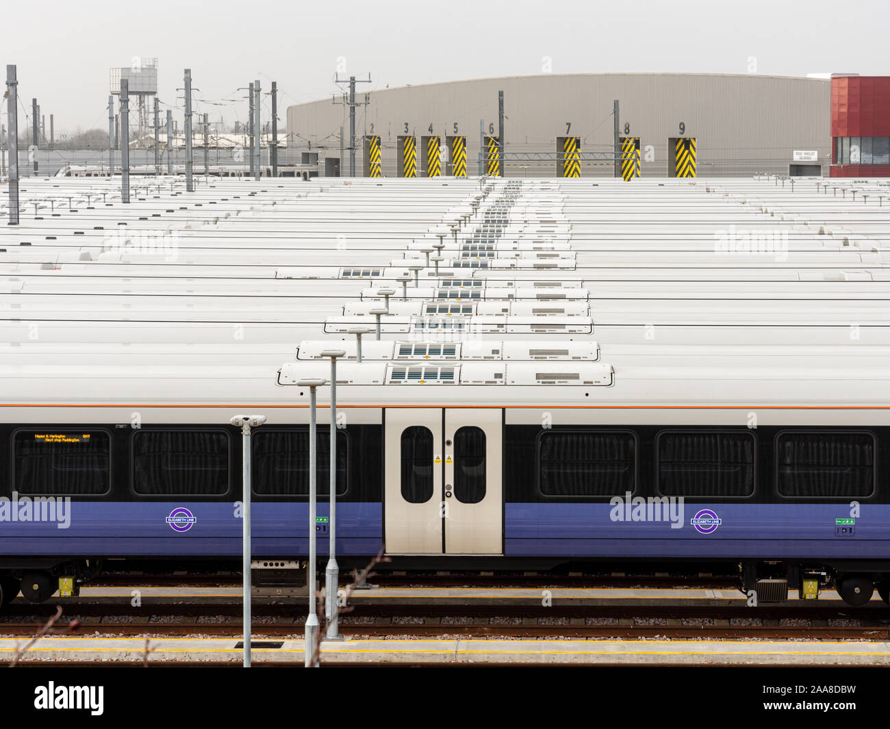 London, England, UK - February 22, 2019: Dozens of brand new Class 345 Elizabeth Line commuter trains sit in sidings at Old Oak Common Train Mainenanc Stock Photo