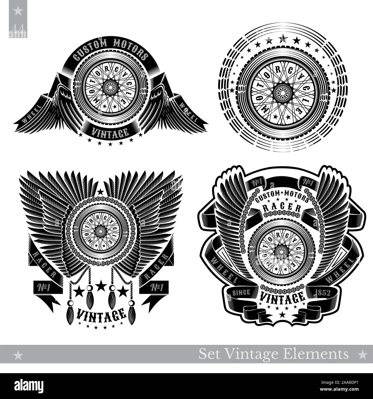 Set of banners with motorbike wheel in side view with wings, stars and ribbon. Vintage motorcycle design on white Stock Vector