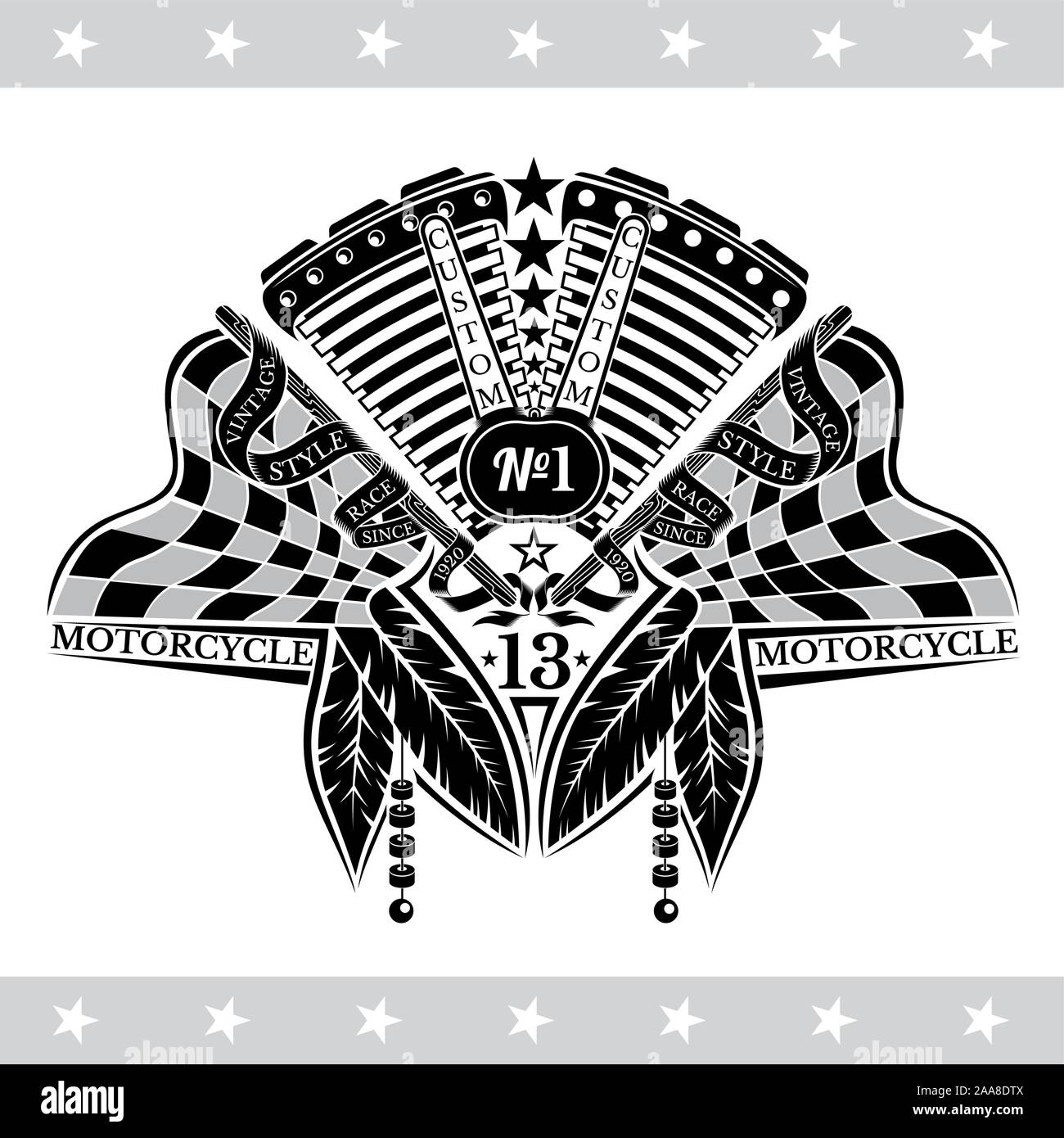 Motorcycle motor between crossed raced flags and indian feather