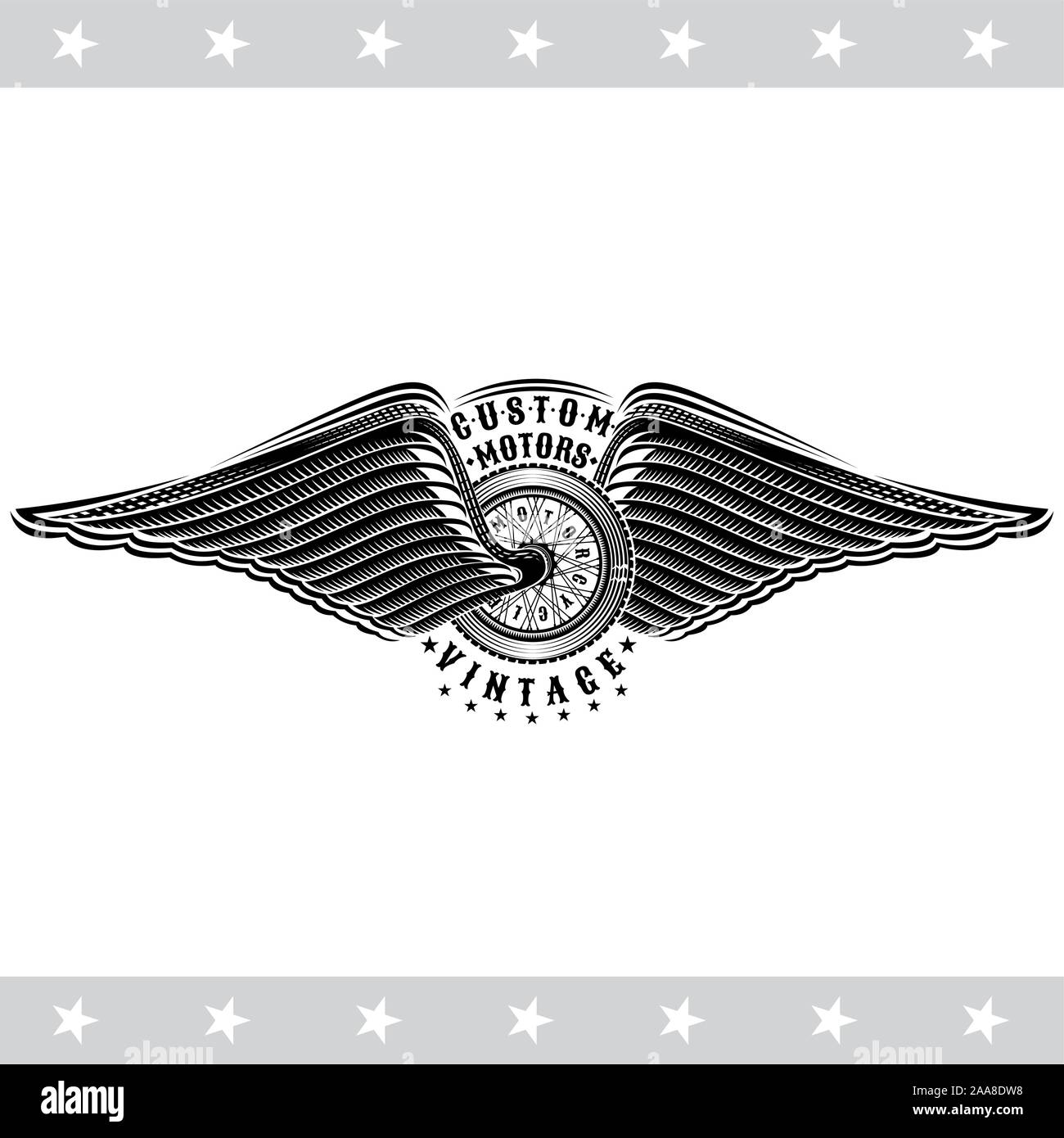 Emblem with vintage  motorcycle wheel and wings from both sides Stock Vector