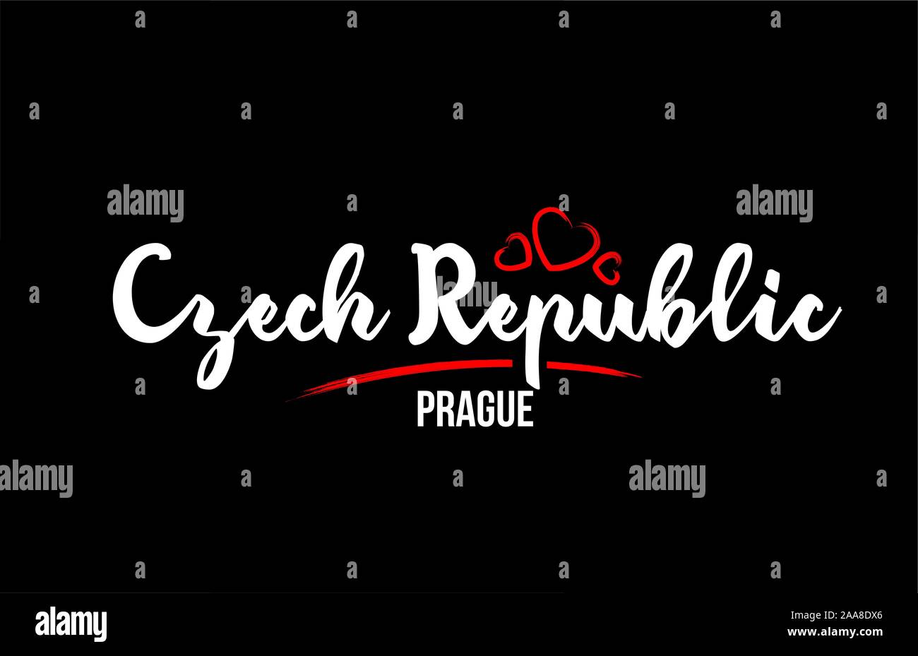 Czech Republic country on black background with red love heart and its capital Prague creative typography text logo design Stock Vector