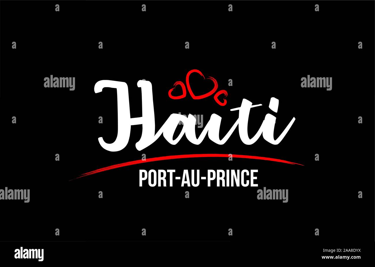 Haiti country on black background with red love heart and its capital Port au Prince creative typography text logo design Stock Vector