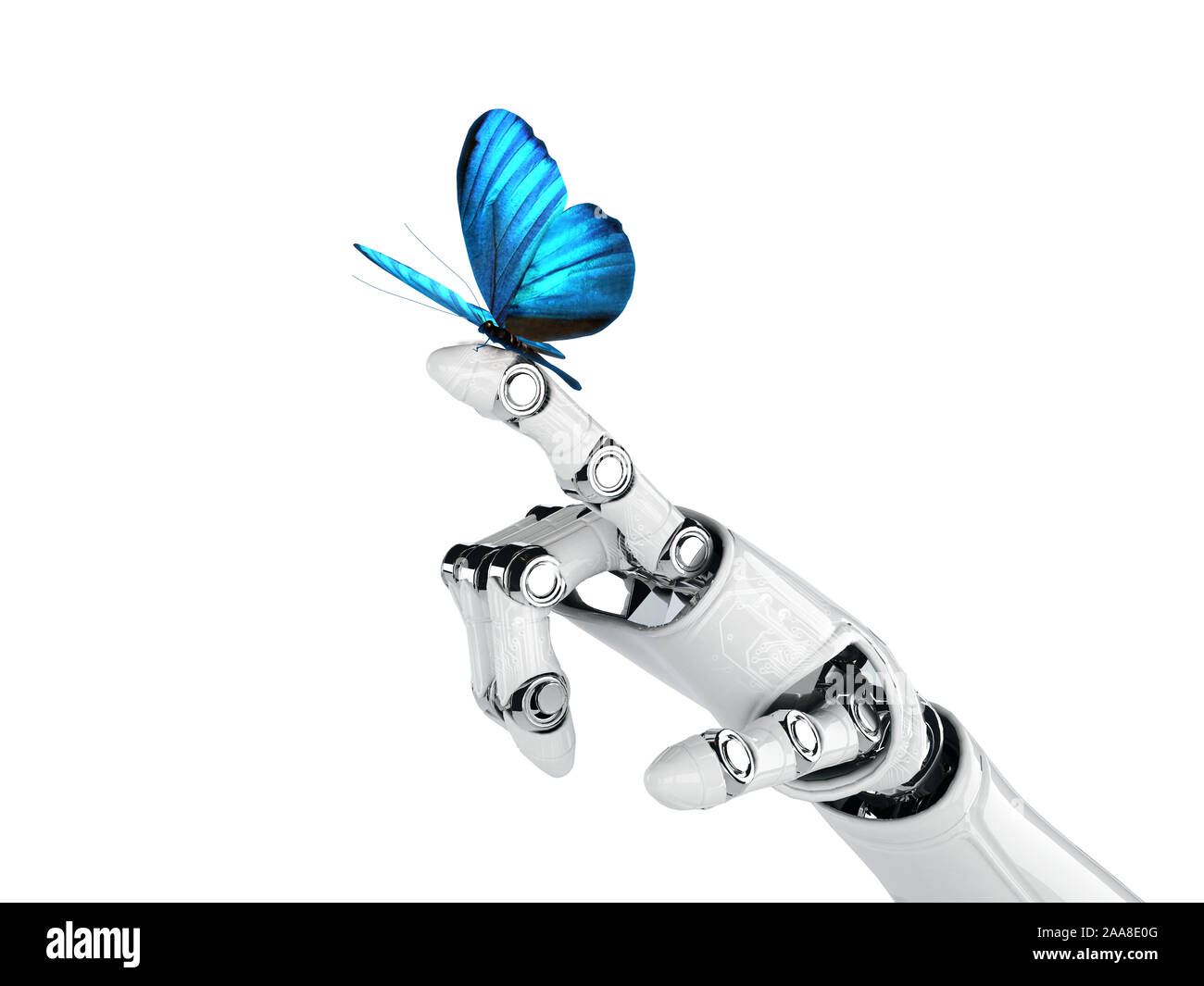 Robot cyborg hand and butterfly - 3d render Stock Photo