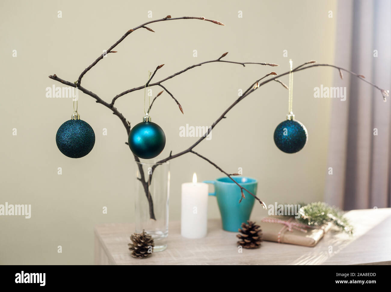 Christmas Home Decorations Blue Balls Branch Of Tree Gift Box Candle Pine Cones Diy Idea For Interior Design Blue White And Brown Colors Stock Photo Alamy