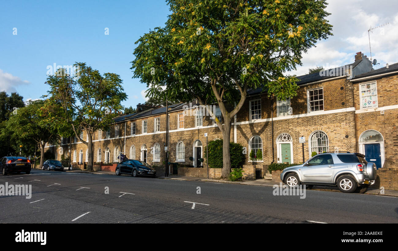 London, England, UK - September 13, 2017: Sun shines on traditional suburban terraced housing in the Barnsbury neighbourhood of Islington in London. Stock Photo
