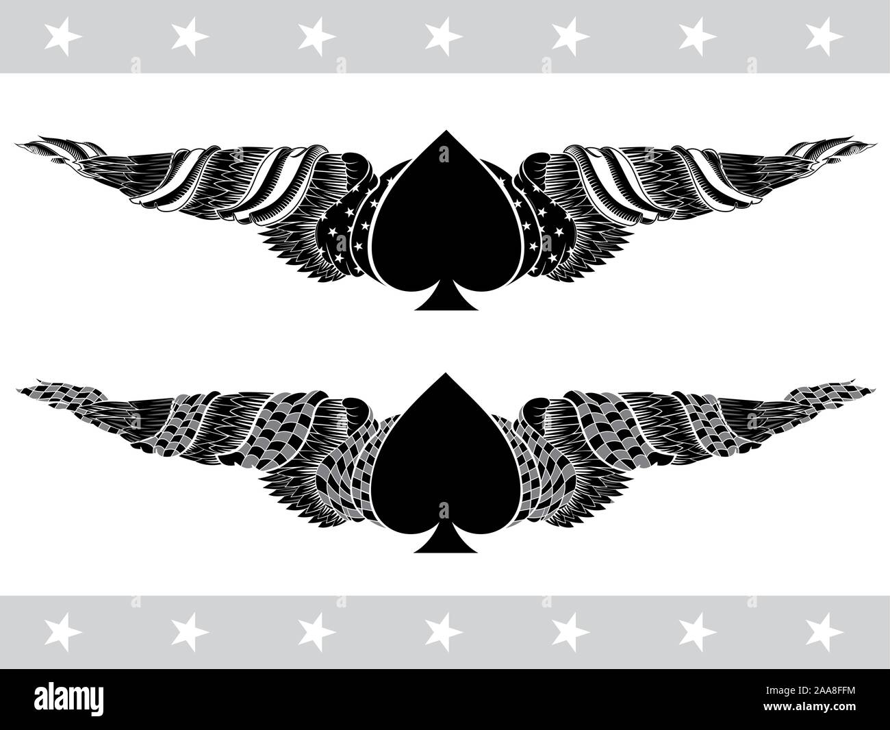 Two ace of spades elements with spades between wings with race and