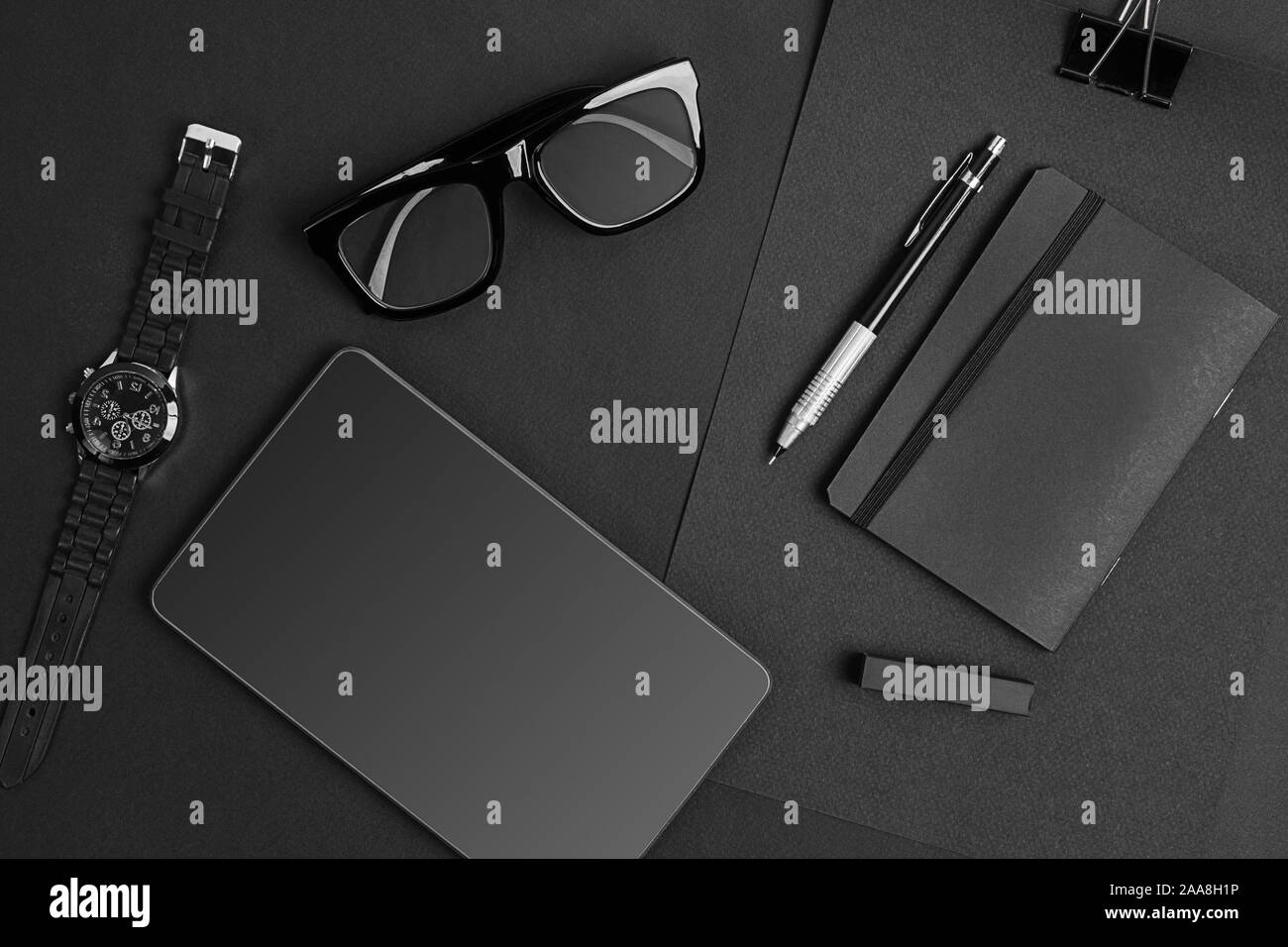 Still life of Black branding mockup. Black things on a black background  Stock Photo - Alamy