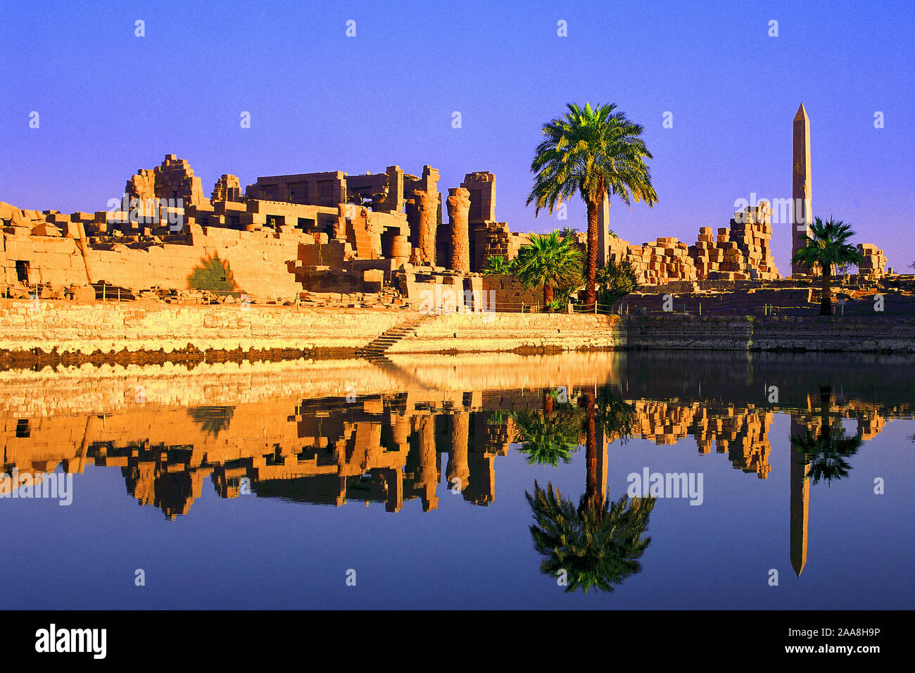 Palm trees grow beside the cistern, obelisk, columns and other remains at temple of Karnak, Luxor, Egypt Stock Photo