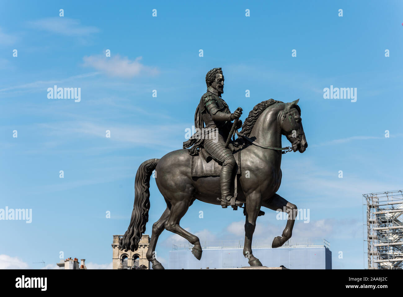 Equestrian statue King Henri IV in Paris, epithet Good King Henry, was King of Navarre (as Henry III) from 1572 and King of France from 1589 to 1610 Stock Photo