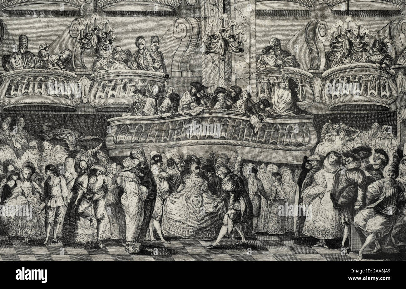 History of Spain. Masquerade Ball at the Coliseo del Principe, ca.1771-1802. By Juan Antonio Salvador Carmona (1740-1805). Etching and engraving on paper. Detail. History Museum. Madrid. Spain. Stock Photo
