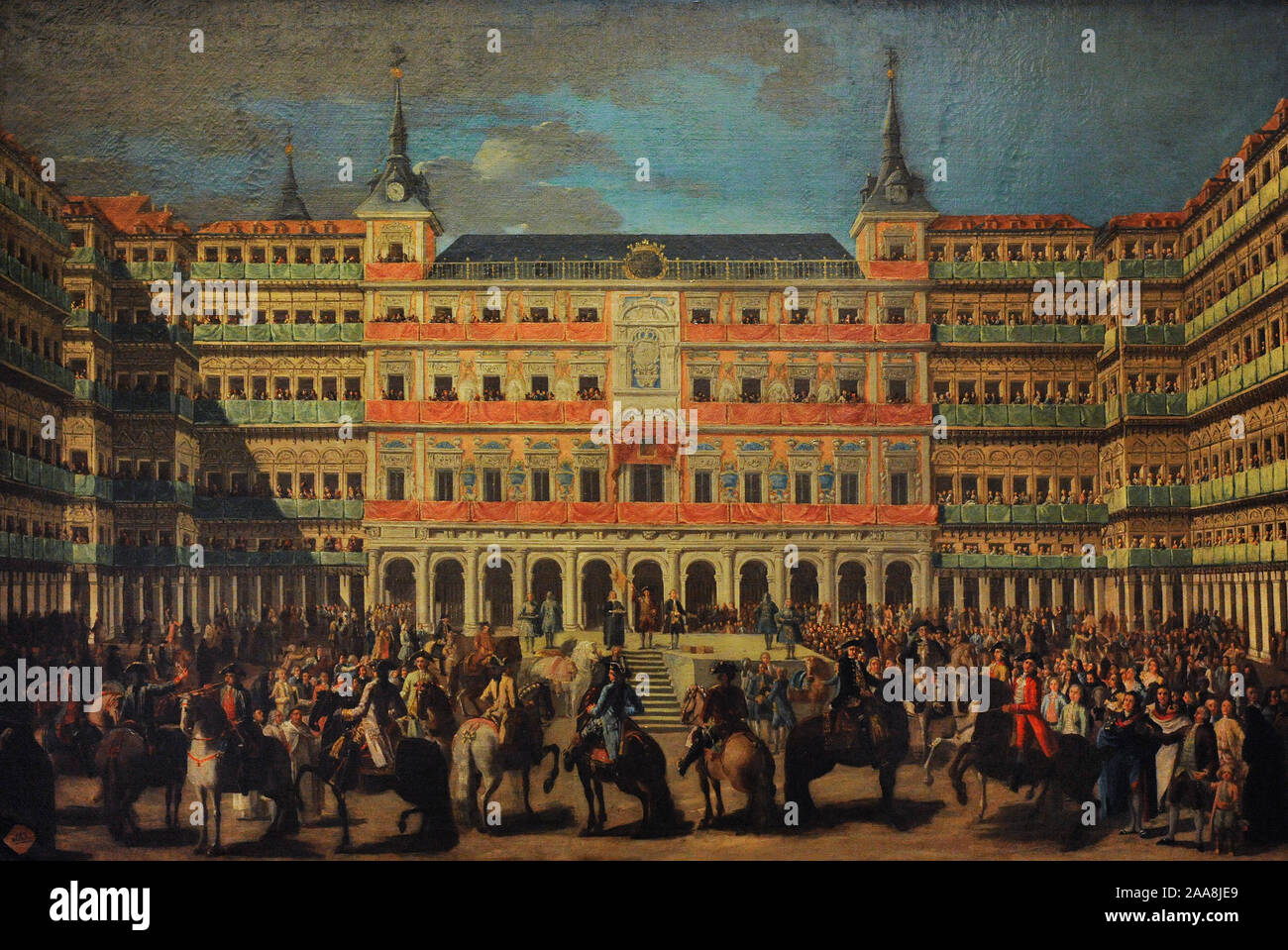 Ascribed to Lorenzo de Quiros (1717-1789). Spanish painter. Embellishment of the Plaza Mayor on the occasion of the entry of Charles III in Madrid, ca.1760. History Museum. Madrid. Spain. (On loan, San Fernando Royal Academy of Fine Arts, Madrid). History Museum. Madrid. Spain. Stock Photo