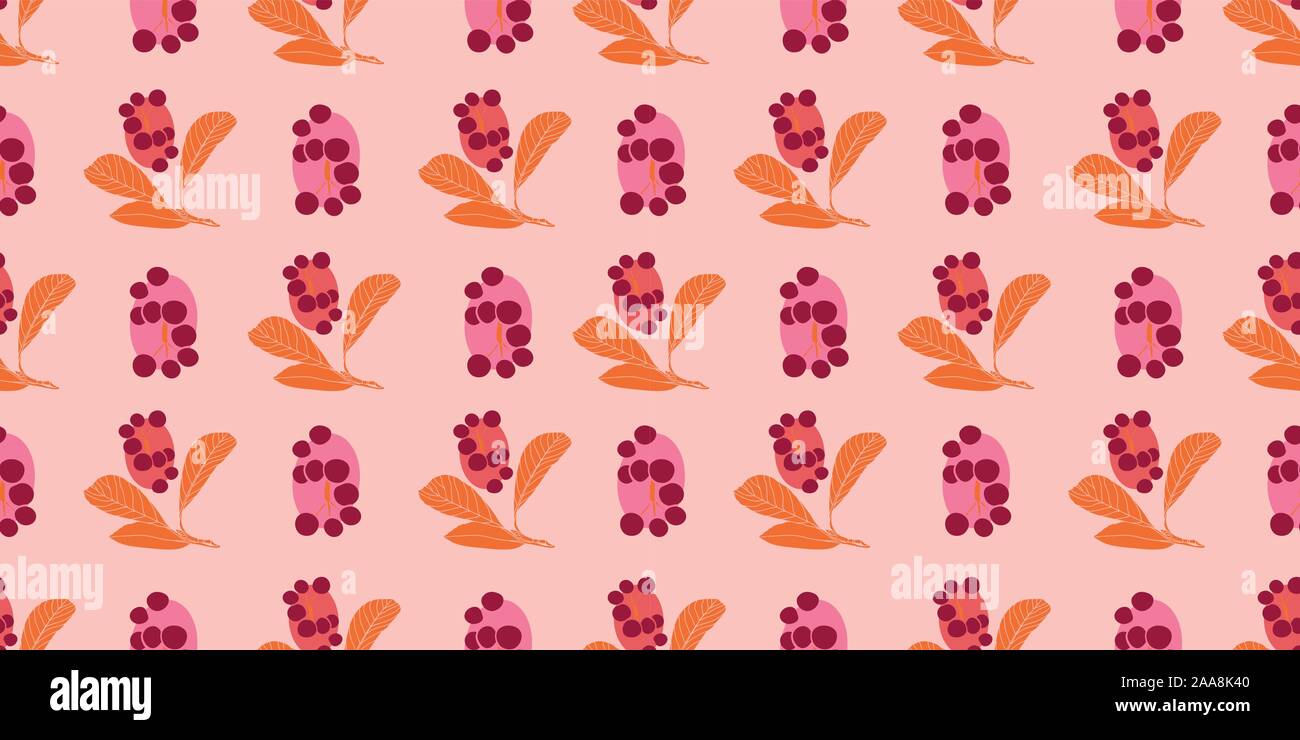 Vintage fall geometric vector seamless background, red berry and geometric shape on pink background. Autumn design, autumn floral, vector seamless pattern with berry and plant. Floral decor. Stock Vector