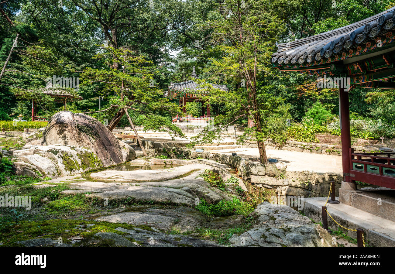 Huwon secret garden view with Ongnyucheon stream and Soyoam rock at Changdeokgung palace in Seoul South Korea Stock Photo