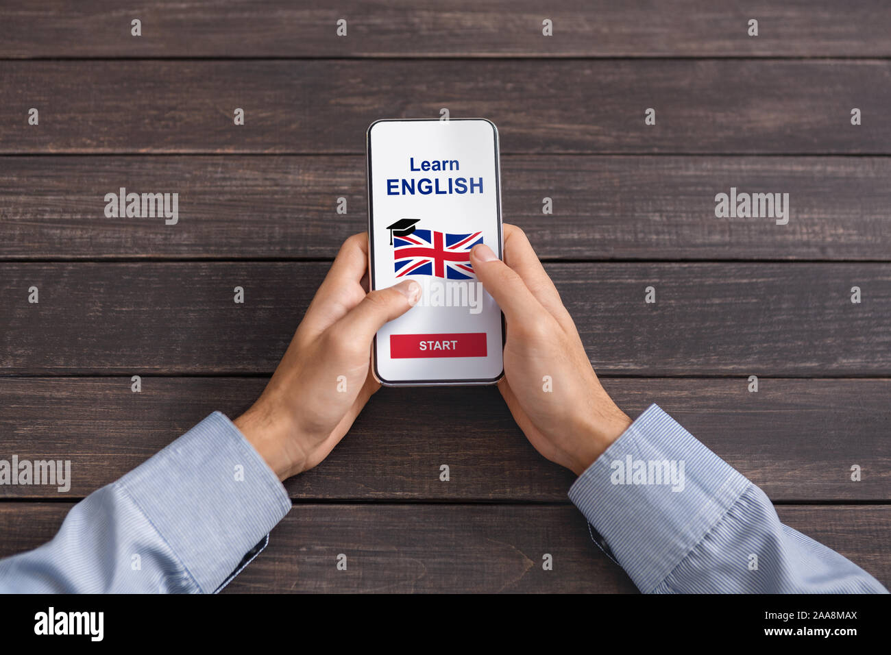 Man Hands Using Application For Learning English On Smartphone Stock Photo