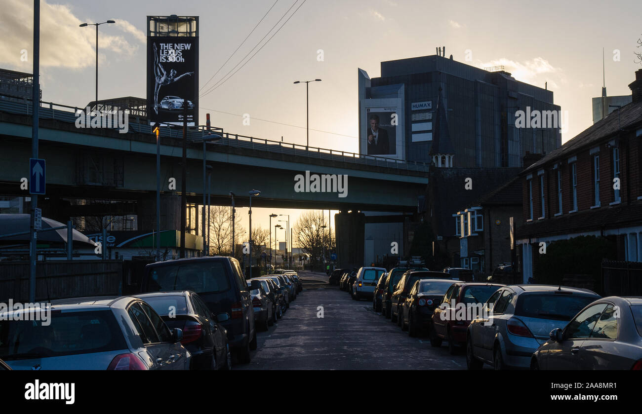 London, England, UK - February 2, 2014: The M4 motorway road dominates the urban realm of Brentford as it traverses west London on a flyover viaduct. Stock Photo