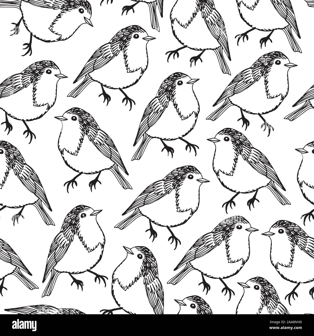 Cute birds seamless vector pattern, hand drawn robin background Stock Vector