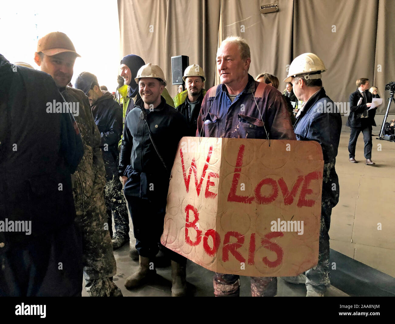 A Boris Johnson supporter at Wilton Engineering, beside the River Tees beside the Transporter Bridge, Middlesbrough. Stock Photo