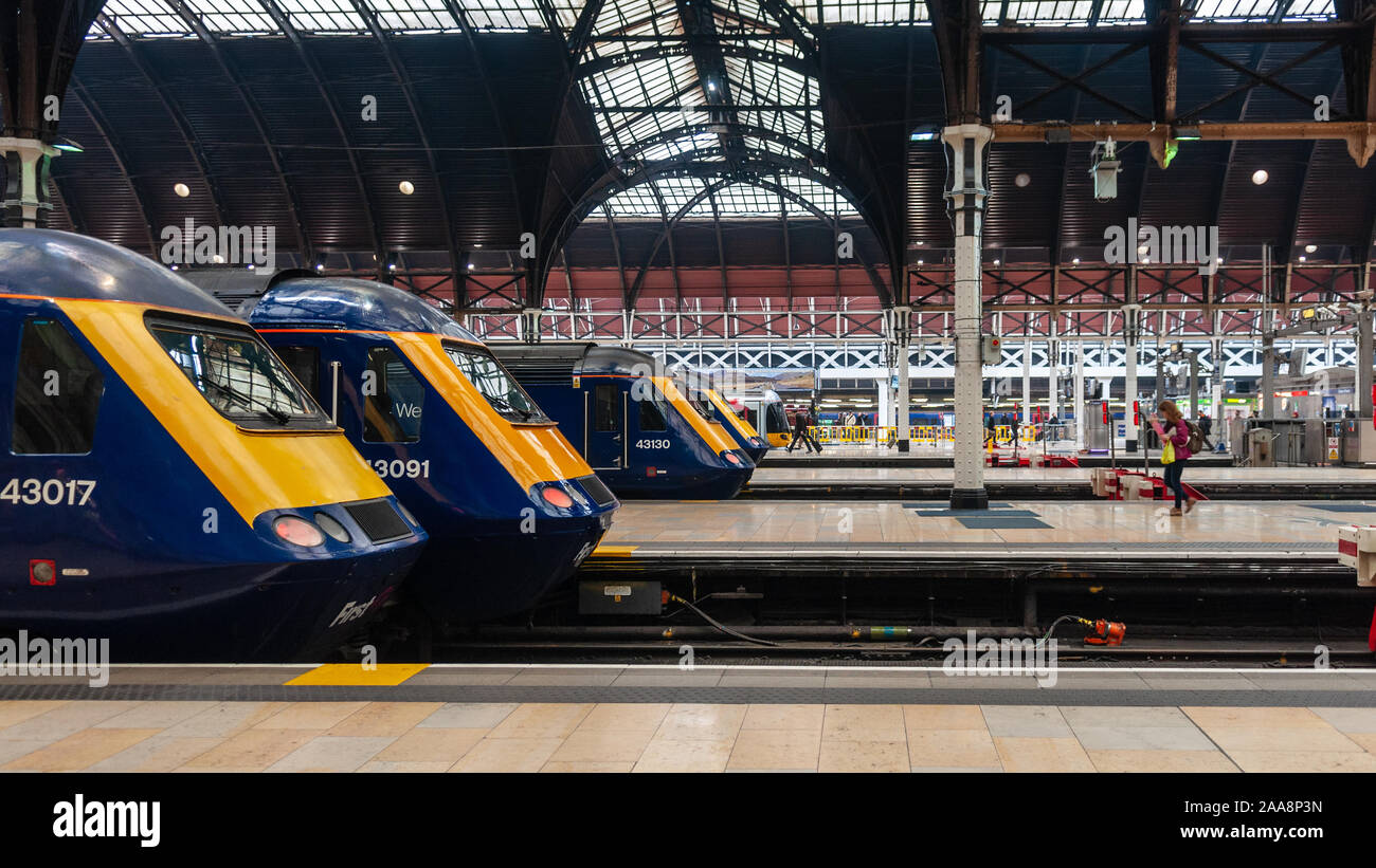 London, England, UK - March 9, 2013: A row of First Great Western Railway Class 43 Intercity 125 High Speed Trains stand at the buffer stops in Paddin Stock Photo