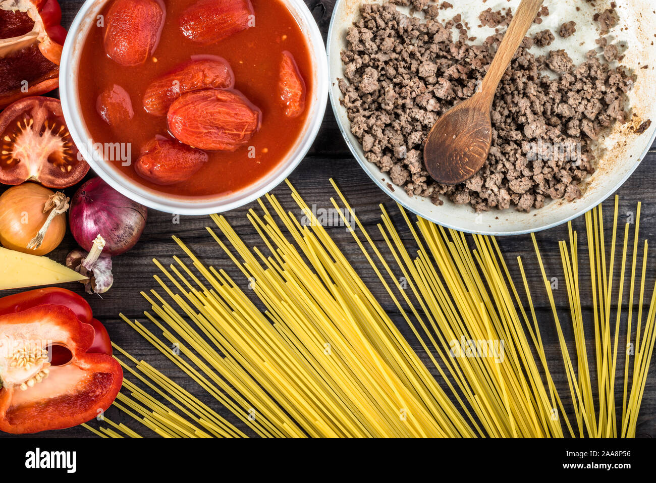 Cooking Of Spaghetti Bolognese Ingredients Of Italian Food Stock Photo Alamy