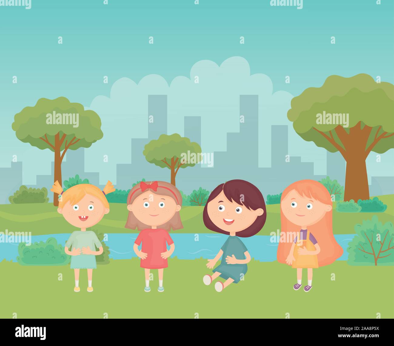 happy girls in the park lake scene vector illustration Stock Vector ...