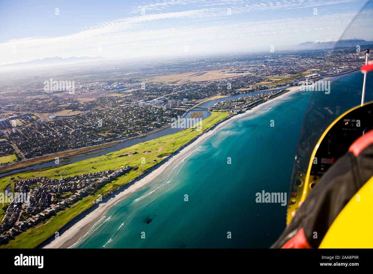 Aerial view of Milnerton Golf Course, Estate, Beach and Lagoon from aircrat, Cape Town, South Africa Stock Photo