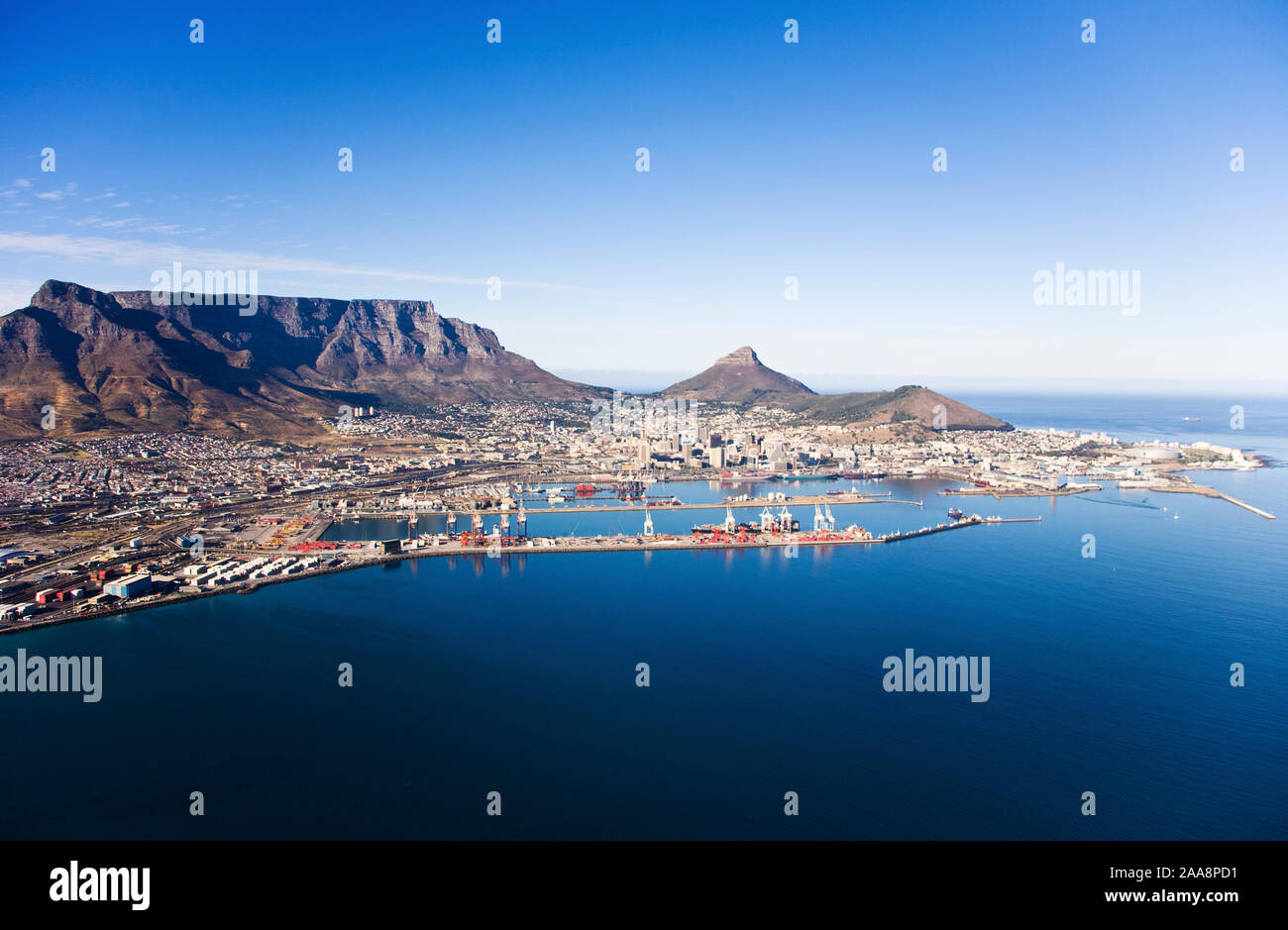 Aerial view of Cape Town Harbour, V&A Waterfront, Table Mountain, Lion