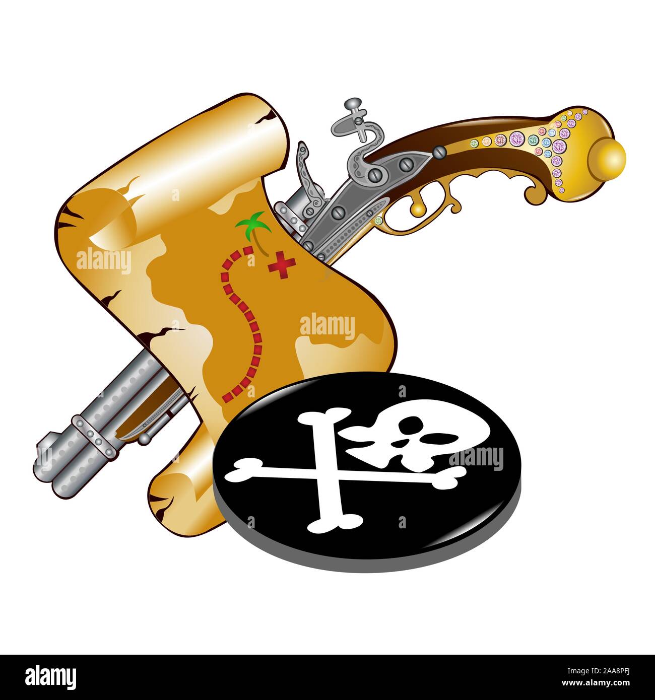 old gun pirate map Stock Vector