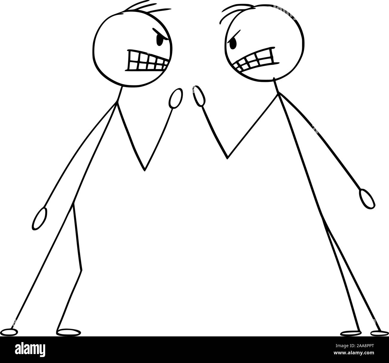 Vector cartoon stick figure drawing conceptual illustration of two angry men or businessmen in fight argument or arguing. Stock Vector