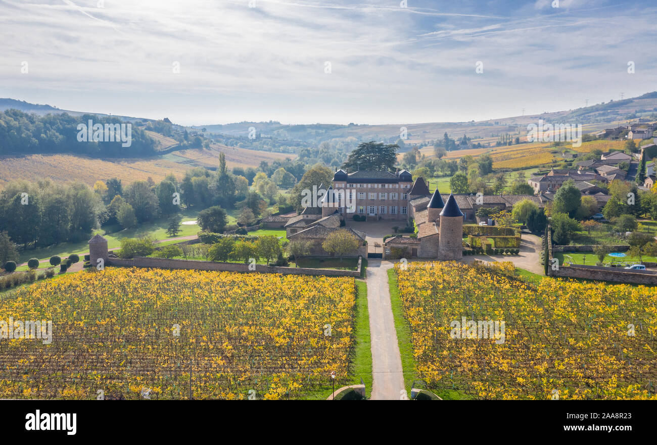 France, Saone et Loire, Beaujolais, Chasselas, castle and vineyard in autumn (aerial view) // France, Saône-et-Loire (71), Beaujolais, Chasselas, le c Stock Photo