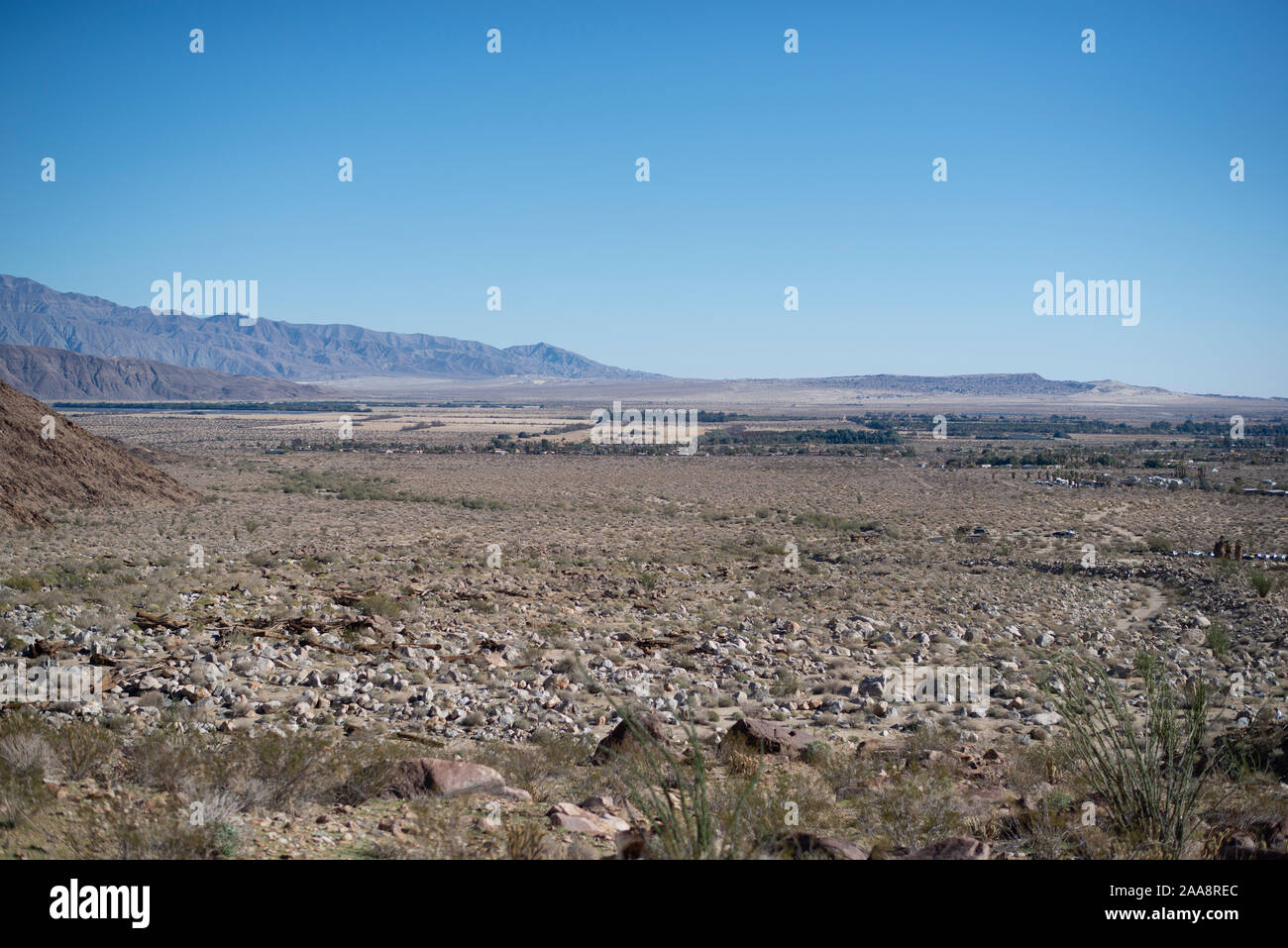 View of Borrego Springs valley from Anza Borrego SP, Palm Canyon Stock Photo