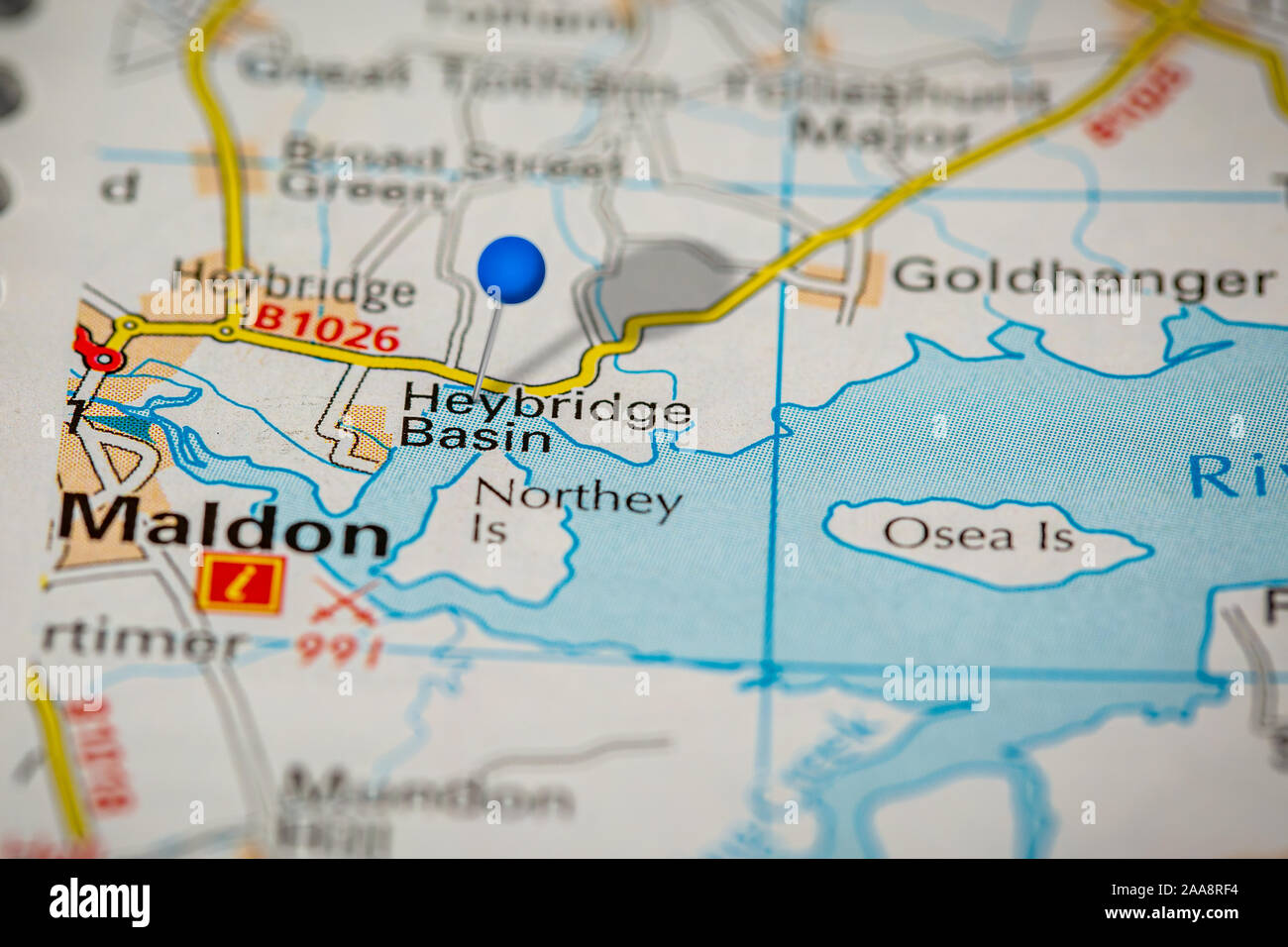 Blue Map Pin on Paper Map Showing heybridge basin Stock Photo Alamy