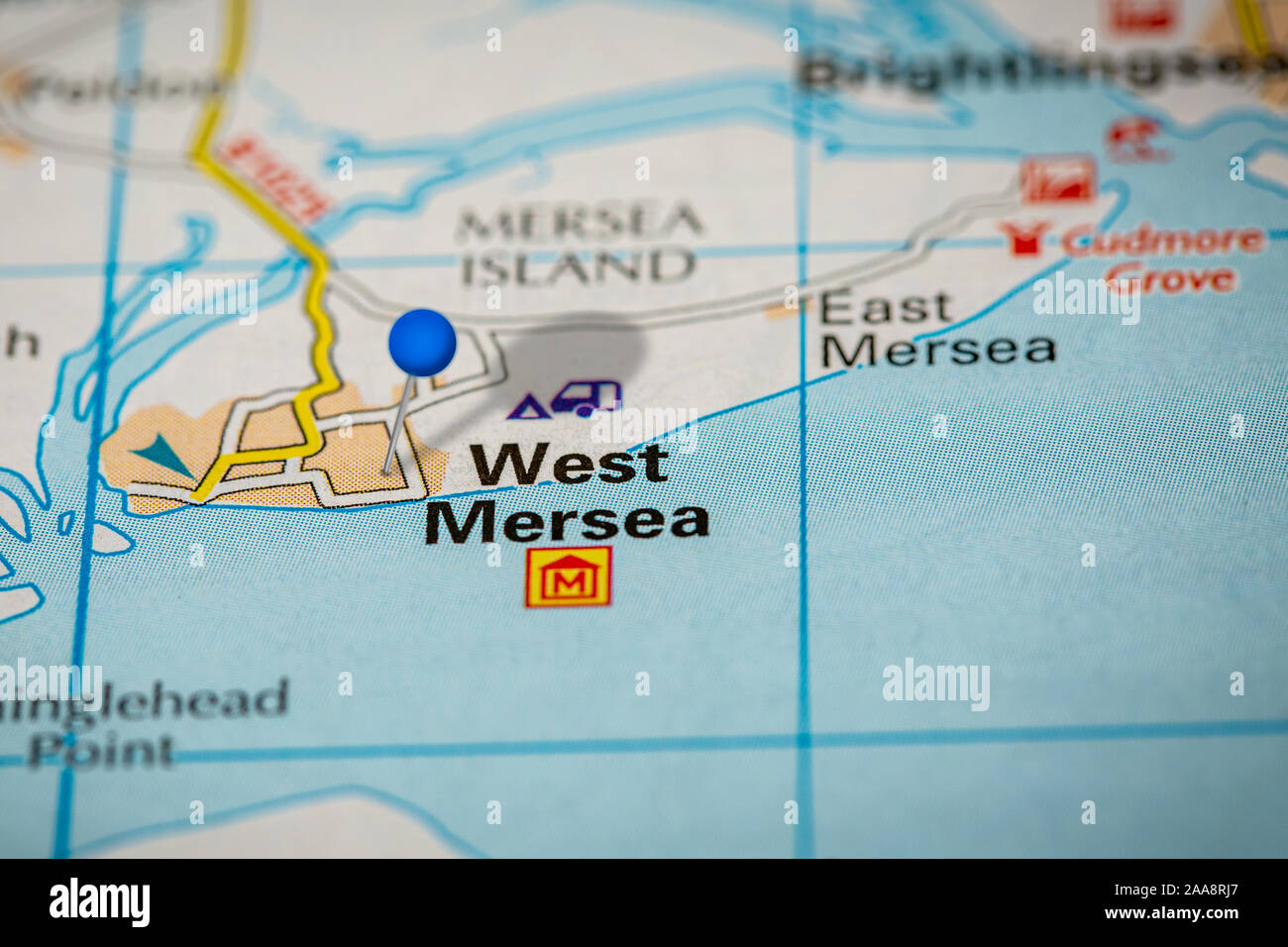 Blue Map Pin on Paper Map Showing West Mersea Stock Photo Alamy