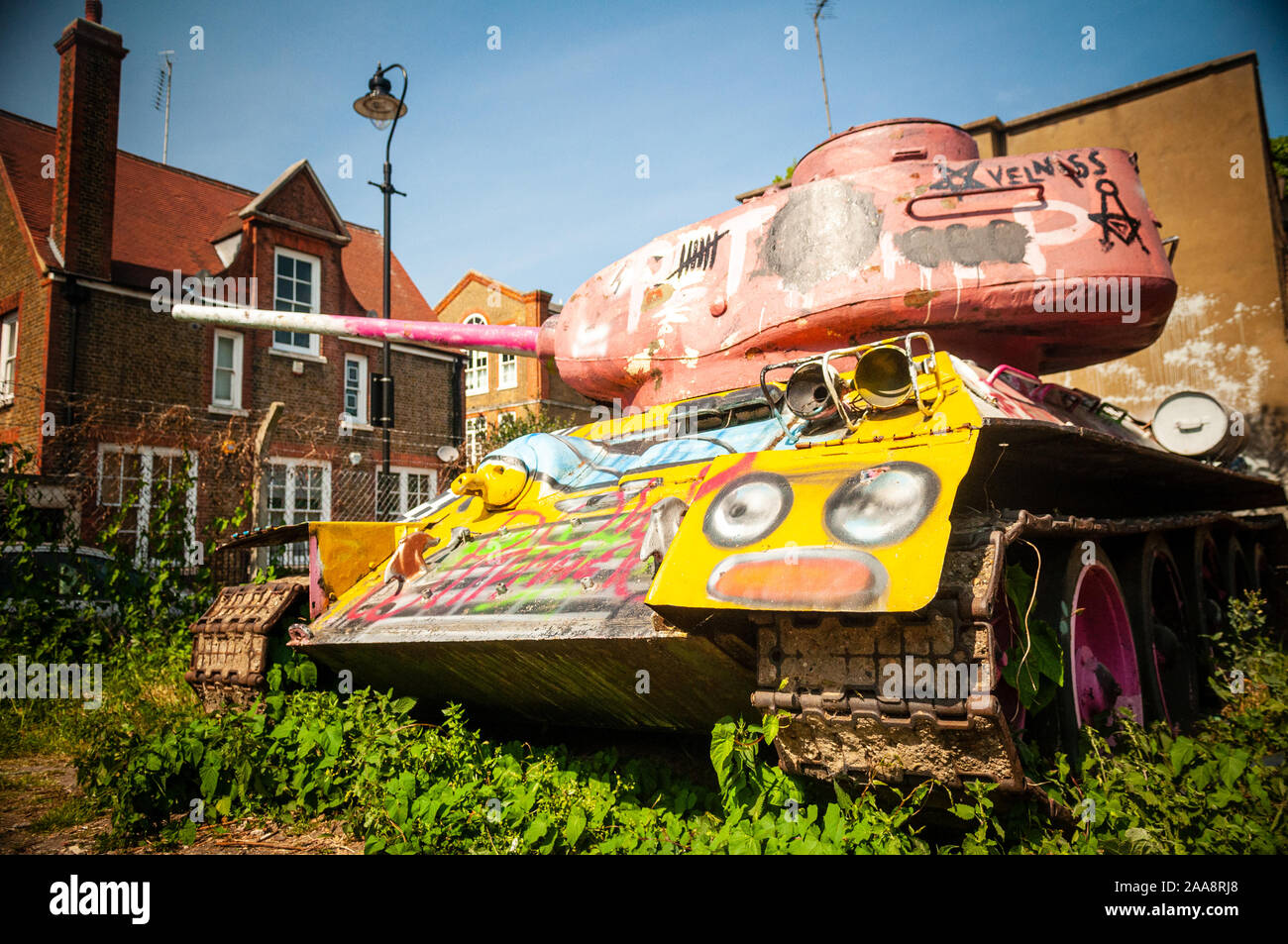 London, England, UK - May 4, 2011: The Mandela Way Tank, a disused Soviet T-34 tank, sits in wasteland off the Old Kent Road in south London. Stock Photo